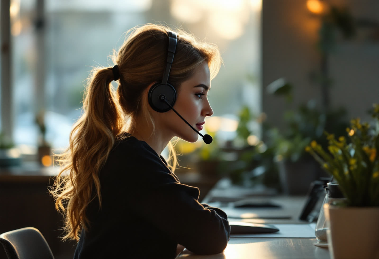 En person vid en reception med telefonheadset, sedd snett bakifrån.